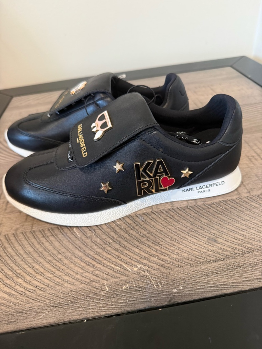 Karl Lagerfeld Kids Black Sneakers with Gold Accents and Red Heart